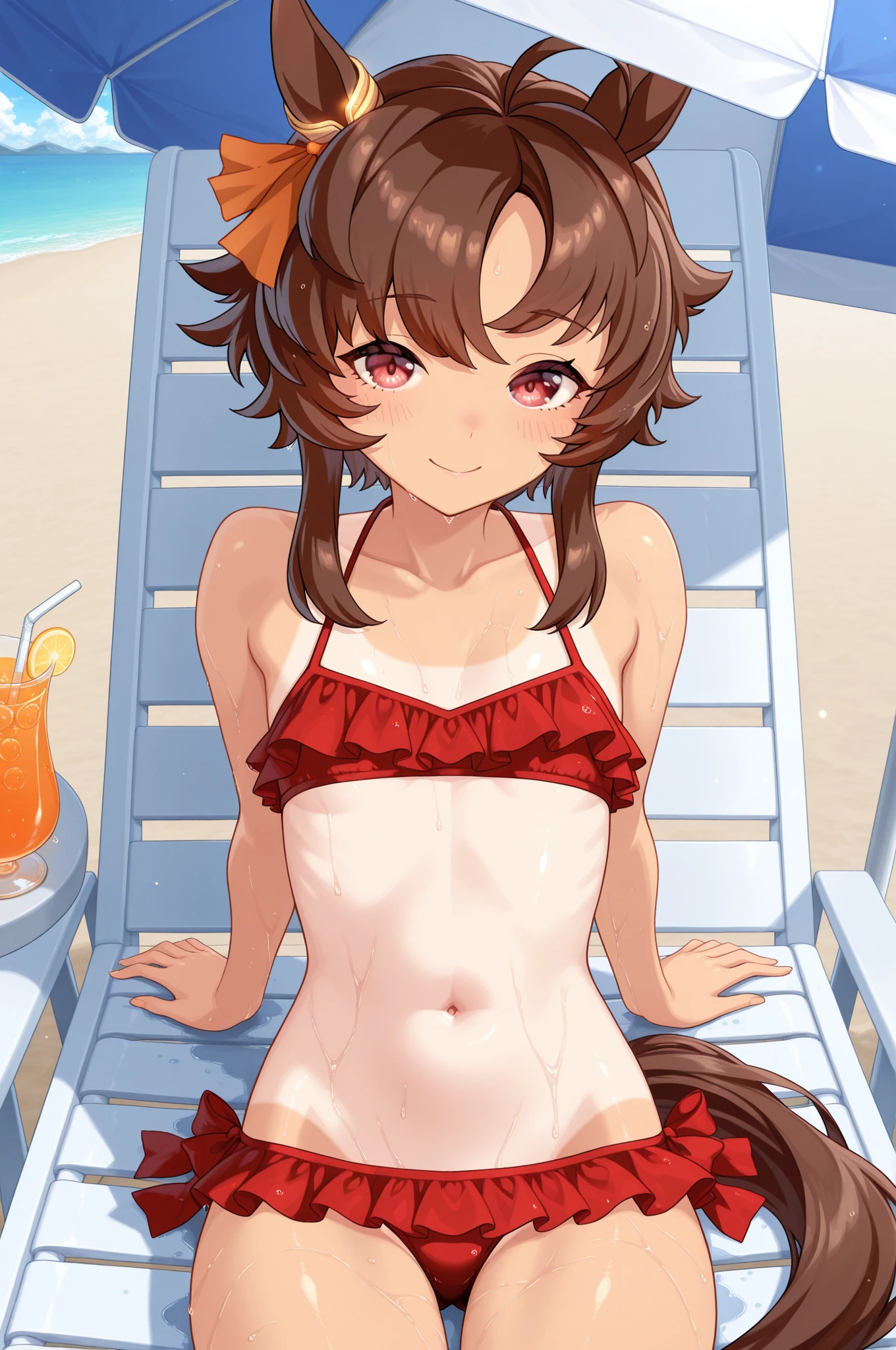 cute face, round body, hourglass figure, thick thighs, masterpiece, thick thighs, ((narrow waist)), perfect body, Tempting, The perfect body, ultra detailed face, detailed lips, thin eyes, (clear), (4k resolution), (best quality), blushing, detailed face, detailed eyes, shy smile, ((buttlift)), with long thick cock hanging down, (((micro bikini), flat stomach, ((tiny body)), ((petite)), ((skinny girl)), (flat chest), small stature, ((stop in front of the beach)), enjudefault, (((opll))), (Crimson hair), (red eyes), ((Loli:1.5))