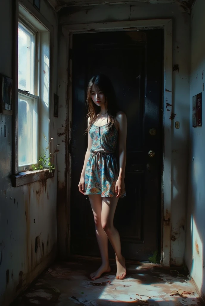 Standing naked in an abandoned school building，Exposing the genitals ，best qualtiy，Random light color，full-body portraits（1：1），18 years old girls，Tall, Slender and slender figure，Skinny，As thin as a whipping post，Smaller bust，The barefoot，Leaky ，Leakage of all breasts，Naked all over the body，Resident Evil