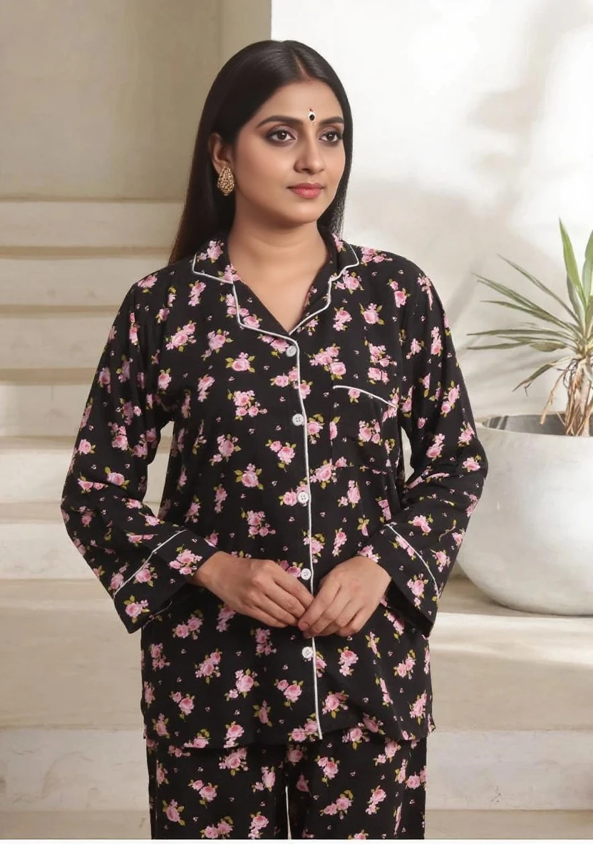 Indian chubby milf 40 year old face of anushka shetty with indian skin tone and with black oiled hair wearing black full length sleepwear shirt and pink sleepwear pants in kitchen