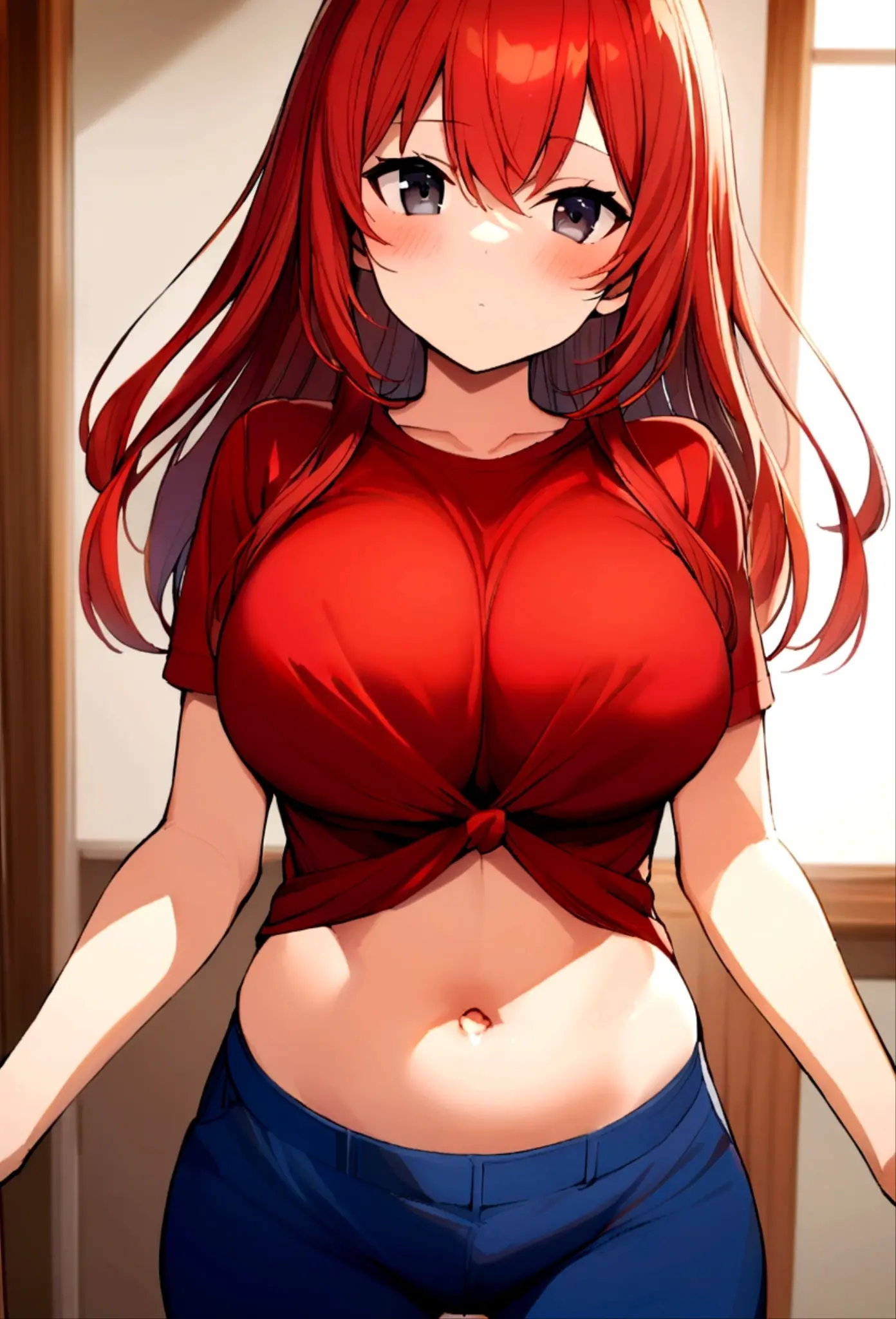 My name is Hikaru, I am a white test woman with long red hair and black eyes. I am 1.60cm tall and weigh 46kg. My breast sizes are 300 cm, my waist is 60 cm and my hips are 200 cm. Dressed with in a sweet and lovely pajama low-cut set velvet tube top and shorts, cartoon two-piece sleepwear sets. With big breasts 300 cm
