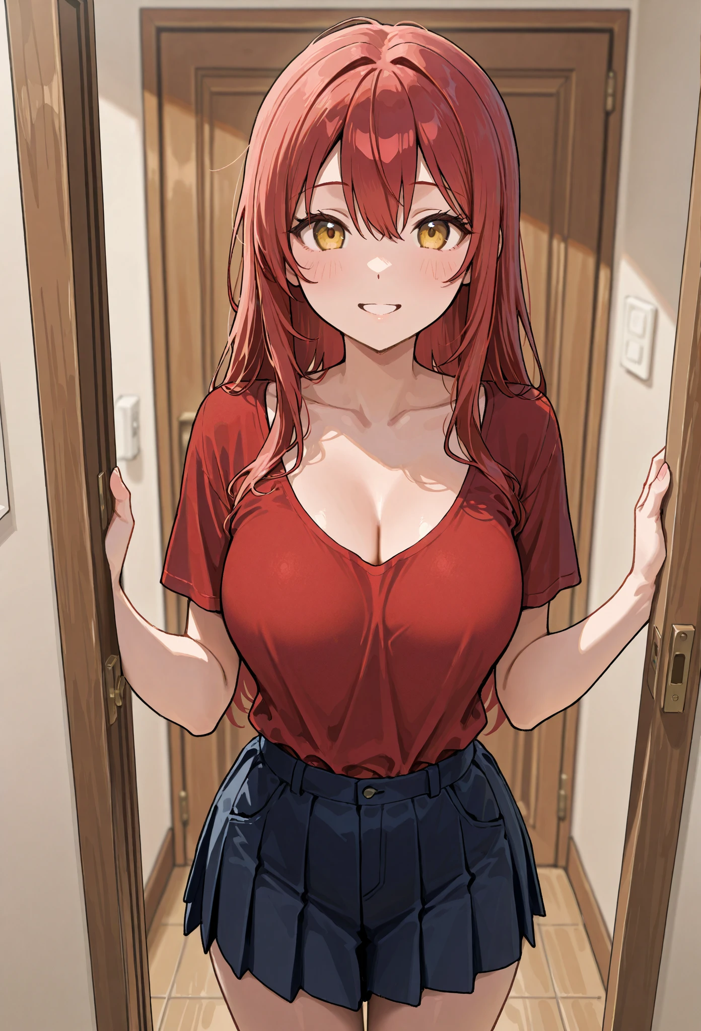detailed illustration, dynamic angle, ultra-detailed, illustration, 1girl, school girl, black blouse, grey plaid skirt, cleavage, wavy hair, black and red 2 tone hair, dual tone hair, gradient hair, bicolor hair, black hair, red hair, long hair, bright blue eyes, cleavage, doorway, front door, outside, wide eyes, big eyes, excited, eager, blush, flush, horny, happy, delighted