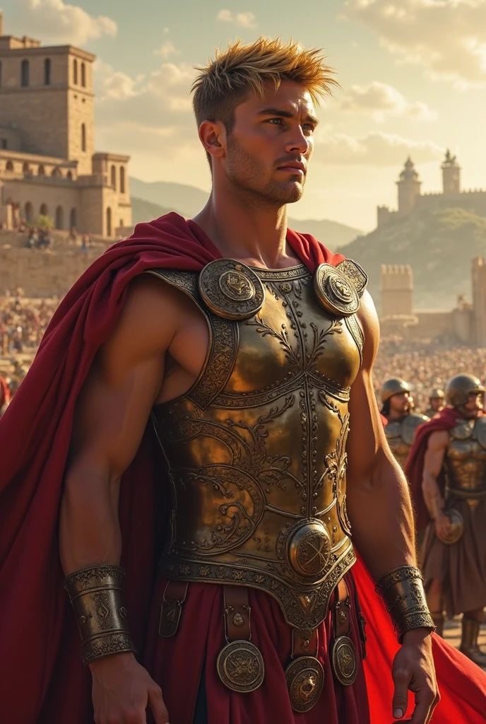realist, (masterpiece), (photorealist:1.3), ultra detailed, (high detailed:1.2), (Best Quality:1.0), manly face, muscular, Tall Man, blond hair, chest hair, A man in royal costume, 35 years, covered in a small insulting armor, elegant, full body character sheet, big bulge in crotch, MUSCLE BODY, full body view, inside a Greek Temple, loincloth made of very fine thread, Haircut, Shadow of six'clock.