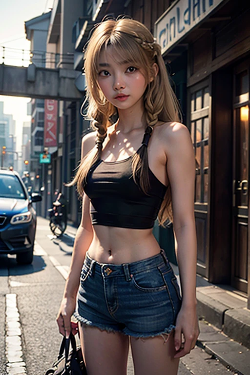 1girl, (Blue Eyes), (smiling :1.2), (Sana Minatozaki), (beautiful makeup :1.2), wide hips, Big tits, big ass, (Best Quality, 8k, Masterpiece: 1.3), Clear Focus: 1.2, Perfect Body Beauty: 1.4, strong abs, Highly detailed face and skin texture, detailed eyes, double eyelids, (blonde Straight hair :1.1), ((Ponytail Hair)), Blunt bangs, (black tube top :1.2), bare shoulders, denim skirt, in the akihabara neighborhood at night, Crowd in the city at night, buildings illuminated by signs in the background