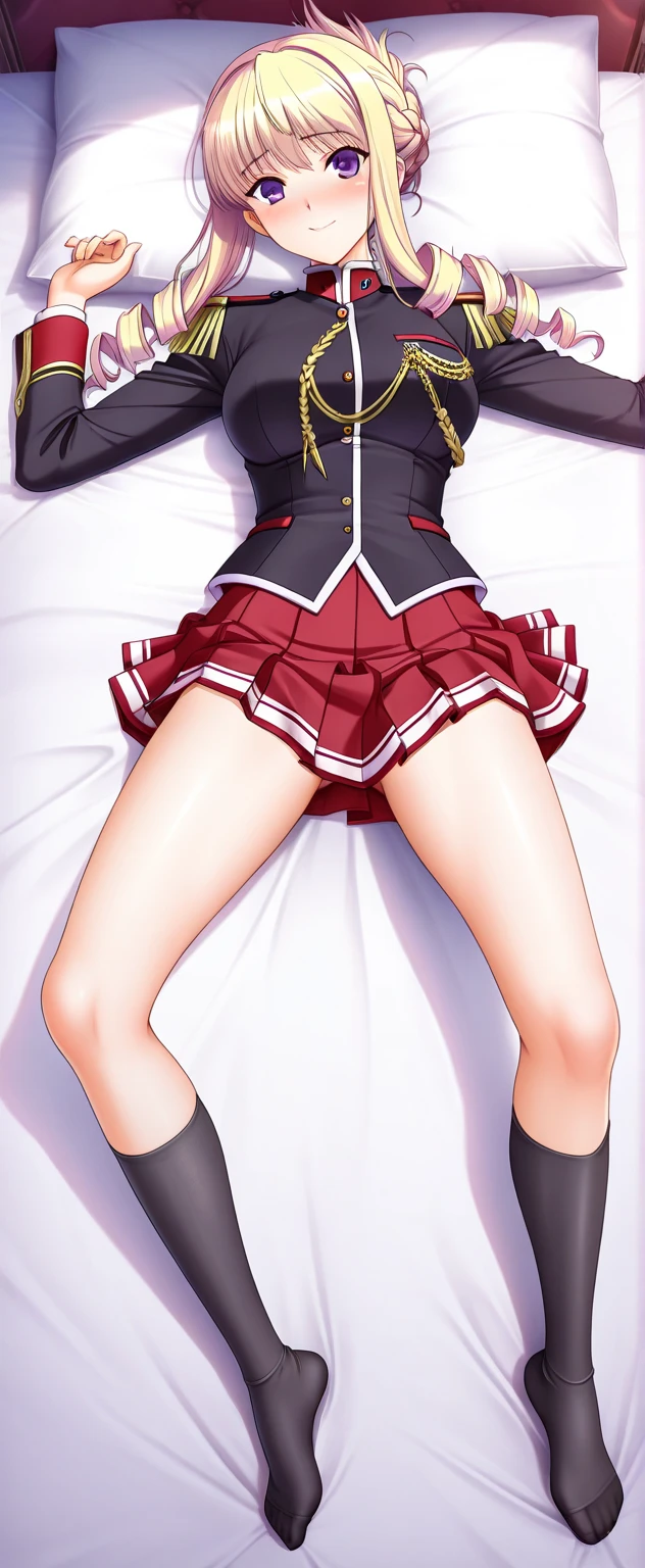 <lora:Musubi Sekirei:0.5>, aamusubi, long hair, brown hair, low ponytail, ahoge, japanese clothes, wide sleeves, fingerless gloves, ribbon trim, sash, pleated skirt, red skirt, white thighhighs, blush, bedroom, on bed, smile, large breasts, nsfw, 1girl, looking at viewer, (lying, on back:1.3), from above, full body, (Masterpiece:1.2), (Best Quality), full body portrait,(detailed body:1.3),(detailed face:1.2)