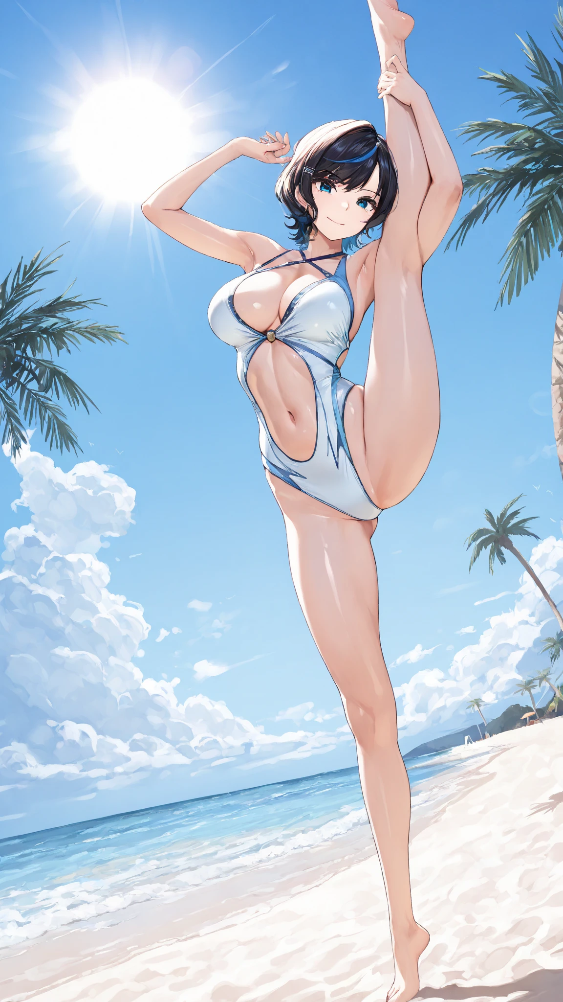masterpiece、ultra-quality、ultra-detailliert、Perfect drawing、独奏、Beautiful girl in a swimsuit、Pee leakage(2.5)、Pee splashes from the crotch(2.5)、red blush、Swimming Club、competition swim suit(One-piece swimsuit、highleg)10yaers old、opening legs(30cm)、Hold your crotch with both hands、Water gushing out of the crotch(2.5)、embarassed expression、Moisturized eyes、swimming pools、 Shot diagonally from below、thin fabric swimsuit、light from the front、Light ahead、sunlights、Summer sky、clearface、masterpiece、ultra-quality、ultra-detailliert、Perfect drawing、CG、3D、8k、