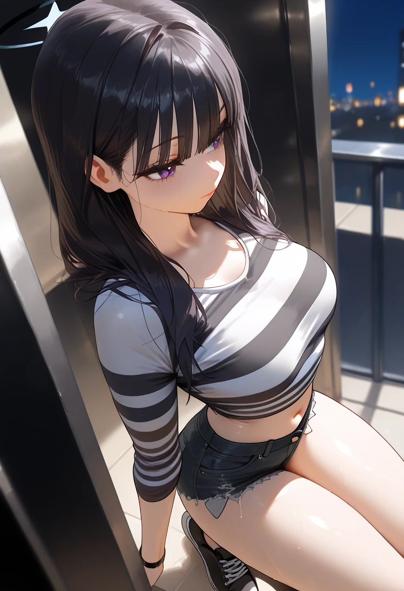 (masterpiece), high-definition, vibrant colors, girl, big boobs, big hips, pouty lips, messy dark purple hair, orange eyes, crop top sweater, shorts, belt, thong, balcony, leaning on the railing, sunset