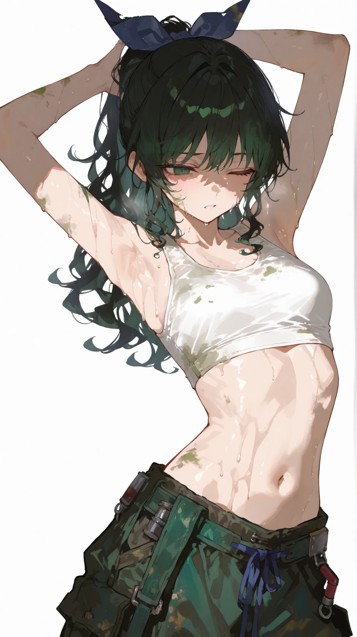 ((a tied up woman with torn clothes who's crying)) black hair yellow eyes muscular girl large breasts