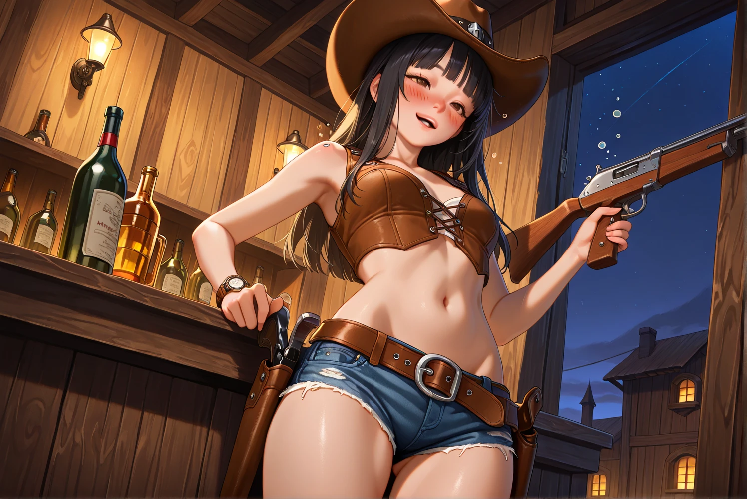 (((1 person:2.0))),(((NSFW:1.9)),(((NUDE:2.0))),(((Sexy female gunfighter:1.9))),(((Wear a gun belt with a holster:1.5))),((Wear a watch on your wrist:1.5))),(((Cowgirl Costume:1.5))),(((Exposed thin inner thighs))),(((Small breasts:1.5))),(((Bare arms))),(((Wearing Sandals:1.5))),((Blushed:1.8)), Beautiful detailed girl, Very detailed目と顔, 緻密でBeautiful Eyes, Very detailed, High resolution, Highest quality, masterpiece, Very detailed, 8k wallpaper, wonderful, finely, Highest quality,(Standing in front of a wooden wall),Beautiful Eyes,((Engage your audience:1.5)),((Full body shot:1.8)),((Place your right hand on your chest:1.5)),((Drinking whiskey:1.4)),((She vomits:2.0))),(((Are standing:1.5)))