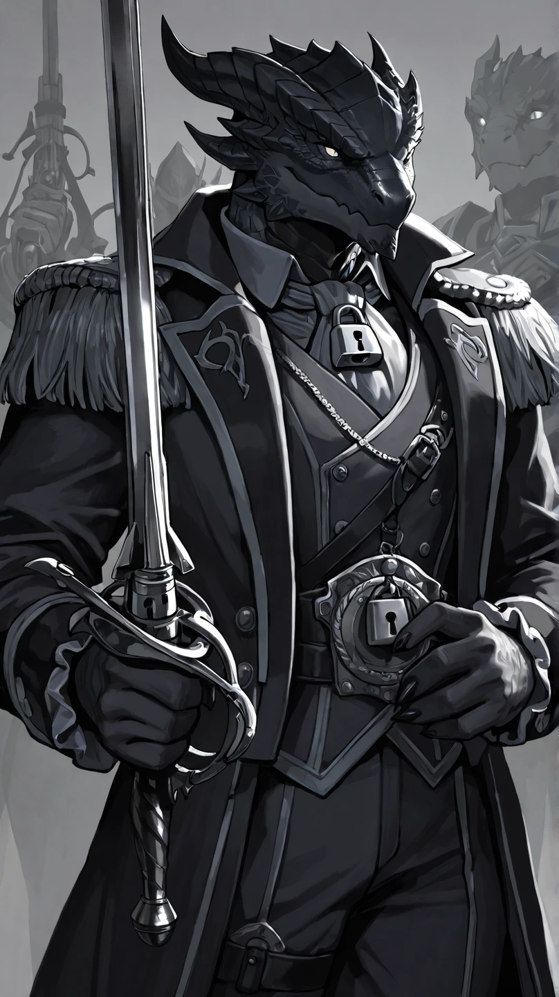 (a man in a black coat, shōnen style), on a gray background, manga style. (short black hair), cold expression, high collar, portrait, cinematic plan, Medieval, armor elements. metal gloves adorned with holy symbols.