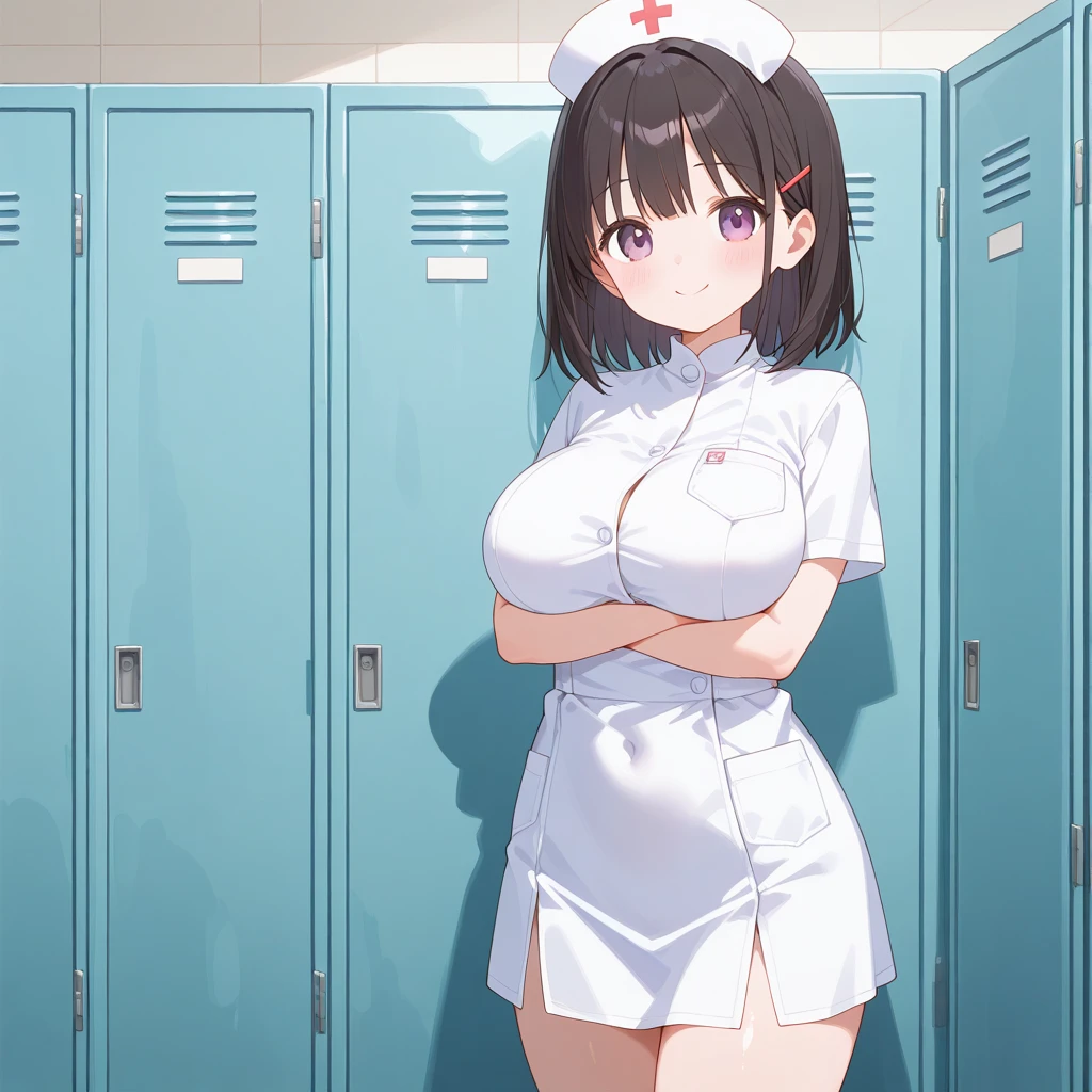 (masterpiece), (Large number of women),Many women,White Nurse Dress,Nurse cap,Private Server,Tied up hairstyle,Small breasts,Small Ass,Natural light, Realistic, skinny, (Please lift your skirt), With a smile. White Stockings,Long nipples,Areola,Random see-through bra,Big panties,(Changing clothes in the locker room),after work