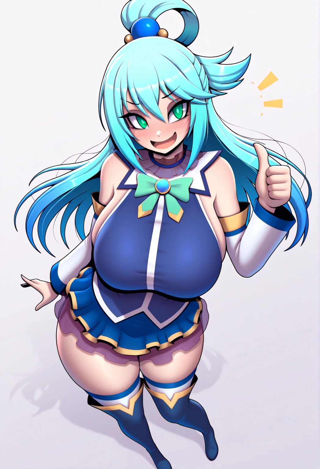 aqua \(konosuba\), mksks style, (very detailed background:1.0), (highly detailed background:1.0), {Masterpiece}, High Quality, 1girl, blue eyes, blue footwear, blue hair, blush, breasts, hair ornament, hair rings, leg up, long hair, looking at viewer, huge ass, huge breasts, huge thighs, narrow waist, wide hips, thick thighs, curvy, open hand, single hair ring, s, smile, solo, standing, standing on one leg, cleavage, hands in the air, jumping, pompoms, cheerleader, cheerleader outfit, mini skirt, exposed midriff, underboob, bouncing breasts, collar,blushing,sweating, (breathing hard), (panting), anime, farm, smile, very long hair, kono subarashii sekai ni shukufuku wo!,