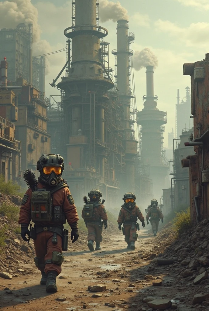 postapocalypse, wanderer, gas mask, survival gear, soft lighting, explosion in distance,