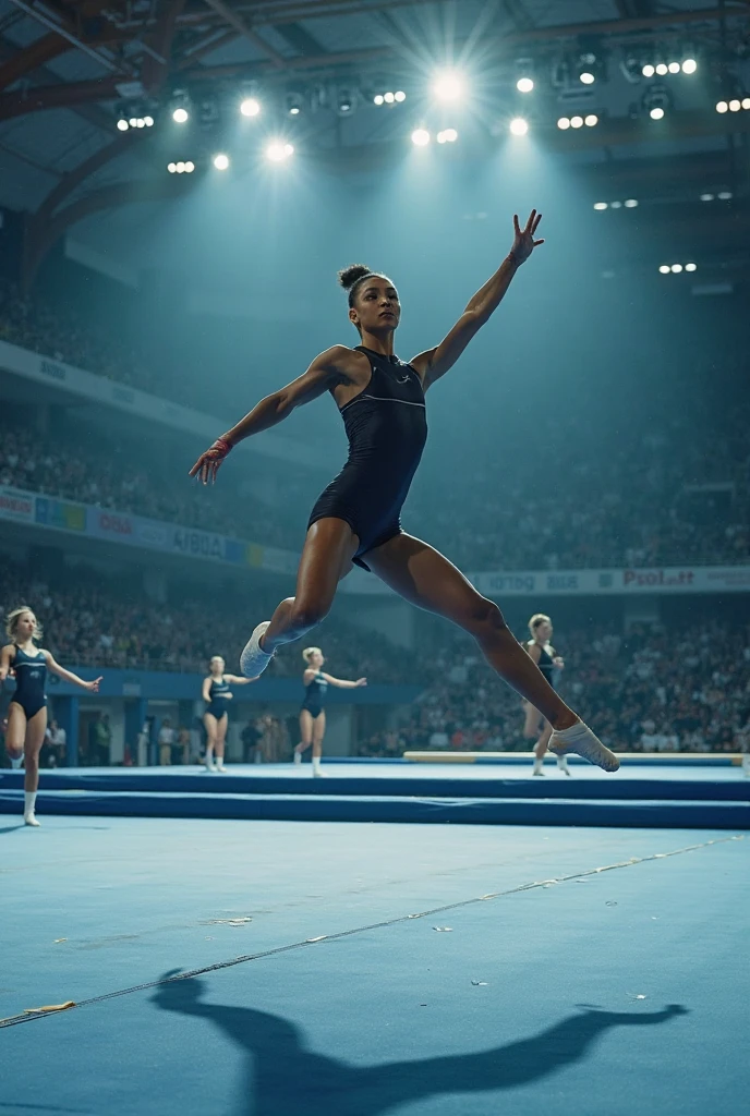 Make a Female Gymnast she has the skin (curtain) eyeballs (Castanhos escuros) O cabelo (afro braids in bun) the color is (dark brown and in the bun it is blonde) the leotard is colored (Very bright cyan) she is performing on the floor at the olympics 
