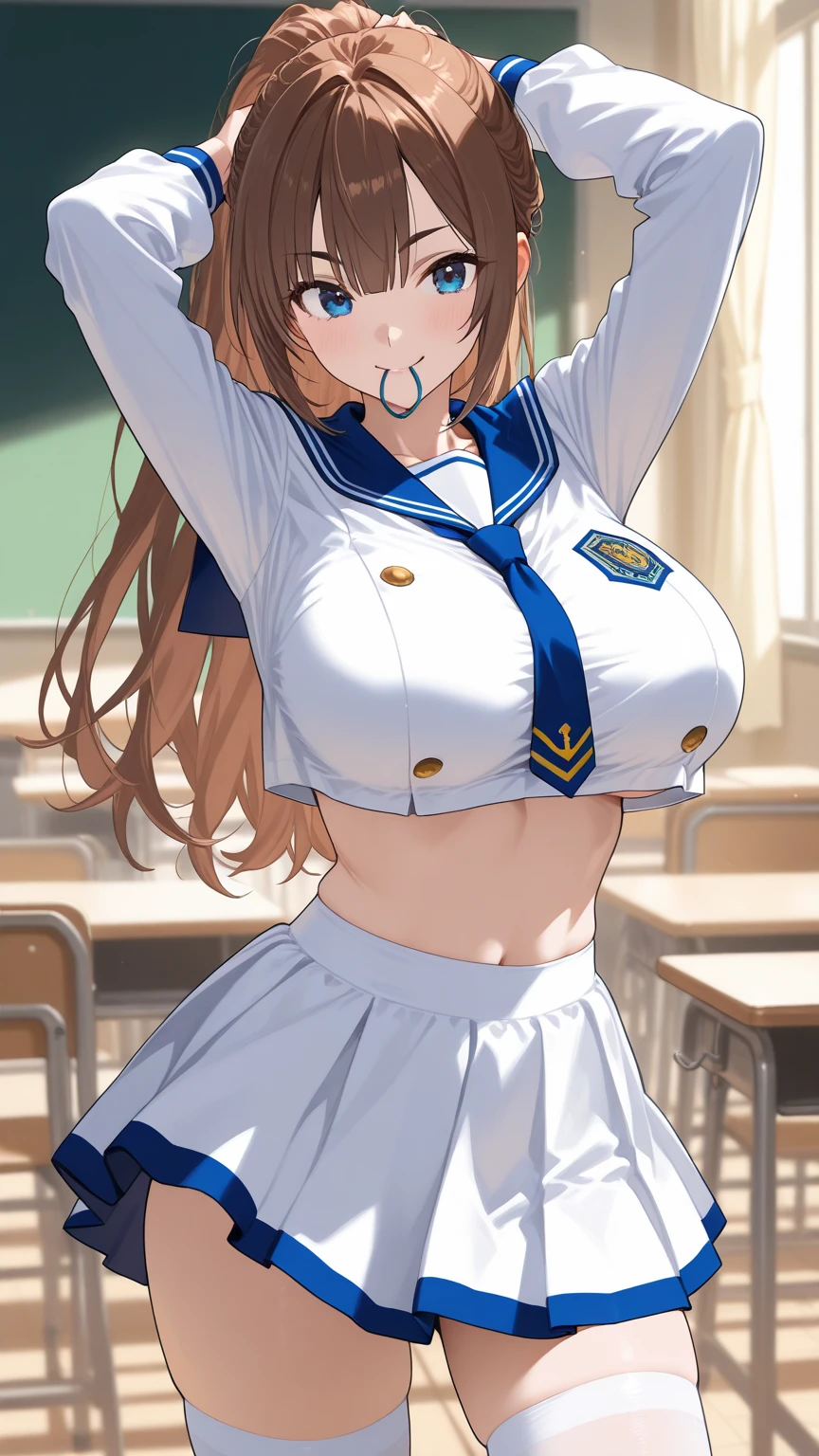 1girl,solo, <lora:mizuki3:0.6>mizukitwin,twintails, brown eyes, long hair,brown hair,
<lora:JanusSchoolUniformV1:1>school uniform, white serafuku, long sleeves, white skirt, white pantyhose, crop top,underboob,
standing, from above, locker room,