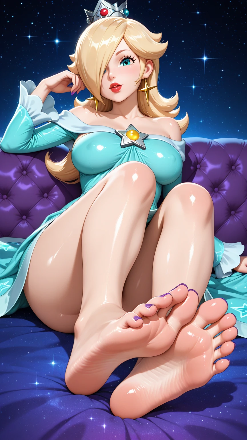 Rosalina from Mario Galaxy, sexy girl, feet, soles, foot fetish, ultra wrinkled soles, stinky feet, stink vapor, big breast, footjob, intensive cumshot. Galaxy background, beautiful colors, colorful. Masterpiece, detailed, UHD, five toes, two feet