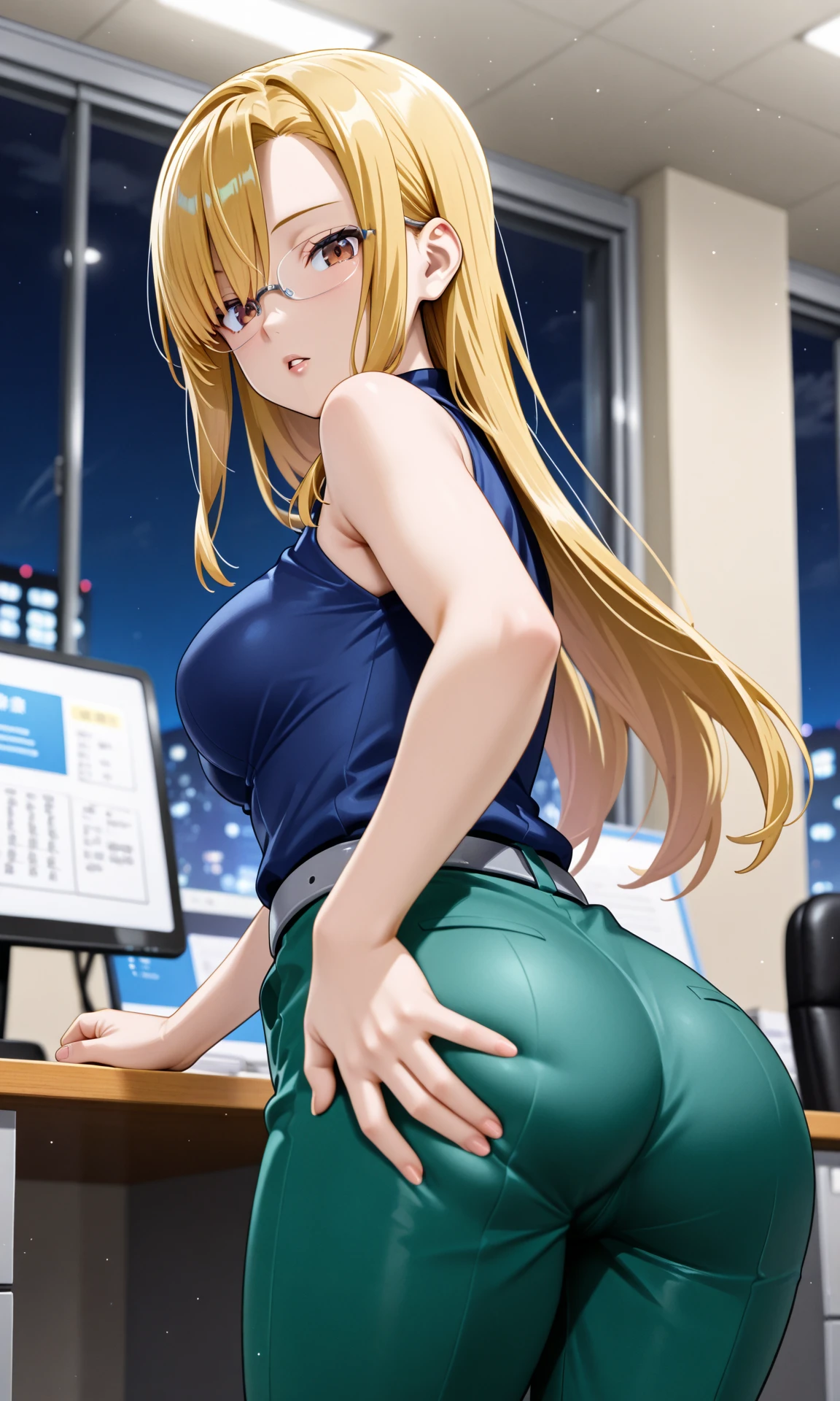 ((highest quality)), ((masterpiece)), (Get used to it), Perfect Face, Long-haired blonde American、Breasts are F cup、26-year-old female,Dress code:suit,Tight mini skirt,White panties,Face down on the desk,Called,look back,big,Stick your butt out,Embarrassed face,Location:Day Office,One Woman,angle:Looking up from directly below,Location：Office at night
