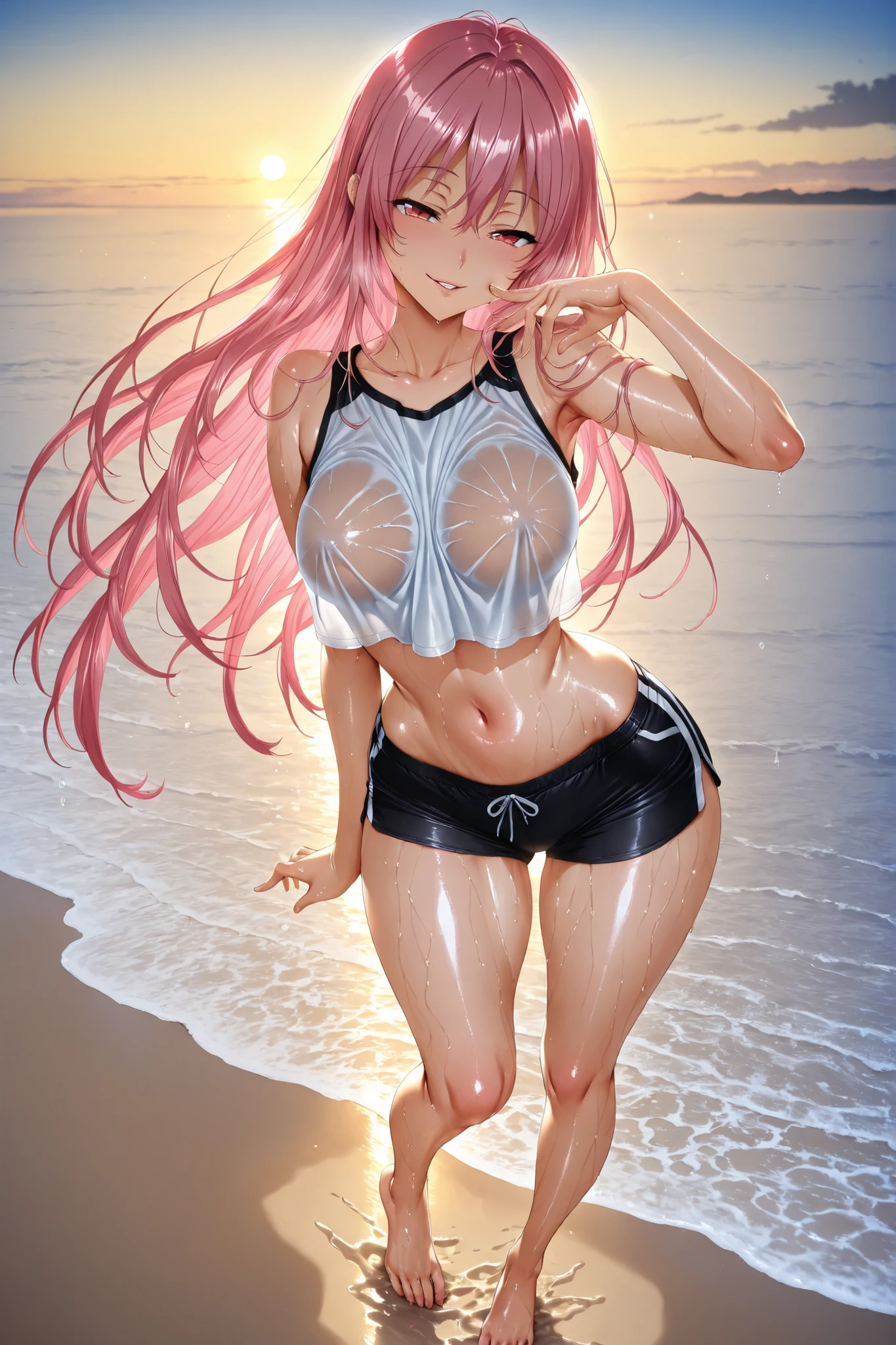 ultra detail, (((masterpiece))), official art, cinematic lighting, Lacus Clyne, attractive anime girl, 1girl, pink long hair, hair ornament, cute face, slender body, shiny skin, Big breasts that are about to burst, amazingly big breasts, well-shaped breasts, detailed breasts, smile, blush, NSFW:2.0, (((stylish white bikini))), (wet hair, wet skin), (((sexy pose))), focus on waist, Photographed up close, beach,
