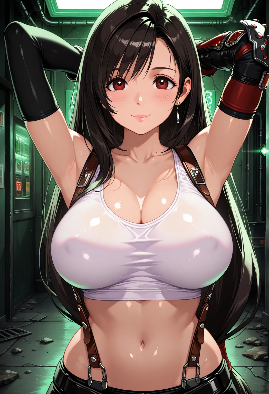beautiful girl　Best Style　Fight the enemy　Shyness　Sweat　Black Leather Gloves　　Combat Uniform　Big Breasts　Light clothing　Martial Arts　Thin skirt　White Tank Top　black garter belt　Dirty face and clothes　White liquid all over the body　Black bra underneath a white tank top　humiliation　Obscene expression　Tsundere　See-through　スカートもSee-through　Surrounded by men