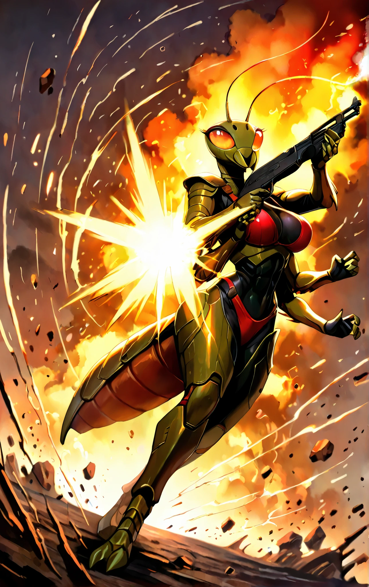 score_9, score_8_up, score_7_up, score_6_up, masterpiece, highest resolution, absurdres, extremely detailed, best composition, 1 ant girl, adult girl, anthropomorphic ant girl, antennae, multiple arms, wearing a bikini armor, in a warfare, war, many anthropomorphic insectoids fighting in the background, dynamic pose, dynamic angle, angled shot, firing an AK-47