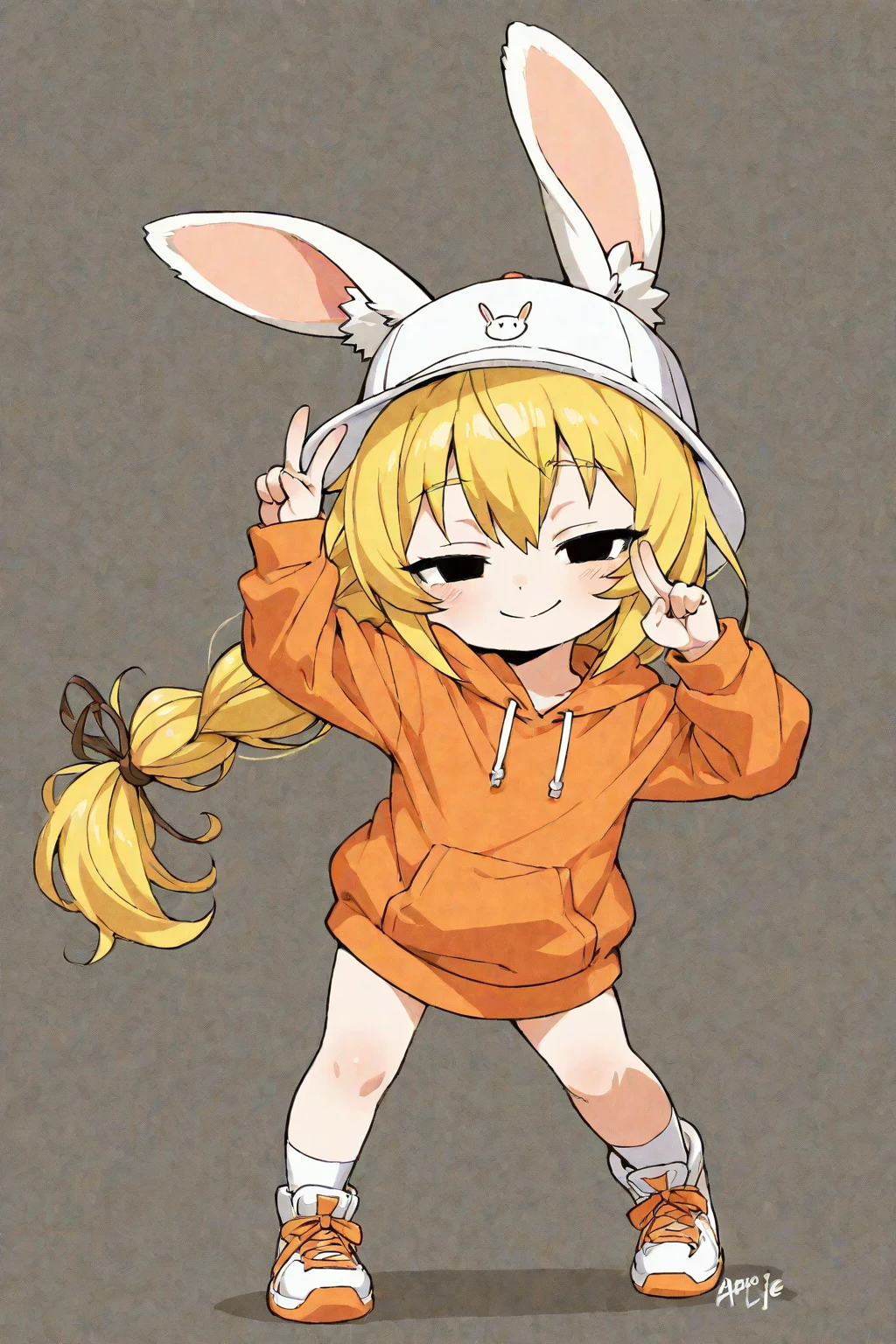 bunny female, BLUE hood , Blonde  hair ,Chibi , wide hips, skirt 