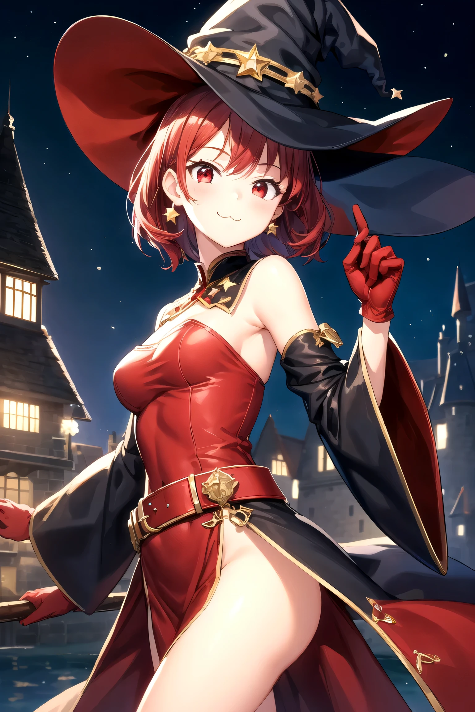 (masterpiece:1.2), (best quality:1.2), (ultra-detailed), (high quality:1.3), (high resolution), (Masterpiece:1.2), best quality, (delicate details:1.5, anime style, beautiful_detailed_face, breast, 1girl, beautiful_detailed_eyes, standing, pale skin, lovely short ginger red hair, absurdly short hair,off shoulder, (off the shoulder:1.3), black eyes,(witch:1.4), looking at viewer, light smile, outdoor,(ahegao:0.3),
