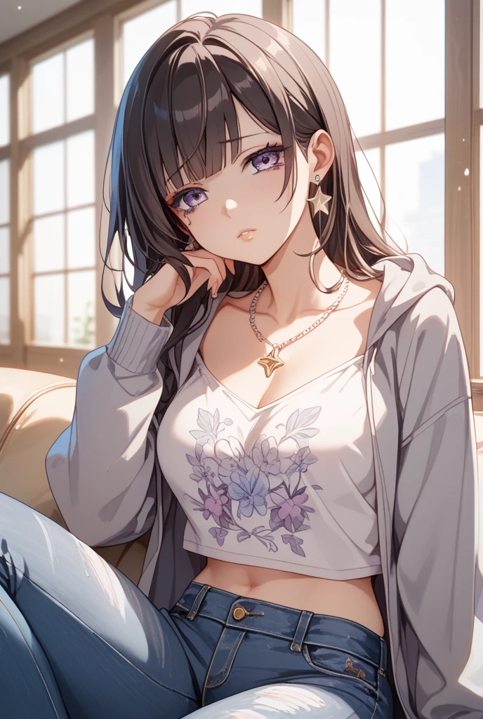 Placing hand on chest、Biologically correct five fingers、Shooting from above、looking up, upper body, Realistic, real person, (pale skin: 1.2), (RAW photo:1.5), photorealistic, shiny skin, shiny hair、(A 25-year-old woman with straight hair and bangs) and (medium hair) and (black hair) and (purple eyes), (white:1.5) and (off shoulder blouse:1.2), smile, The background is a park、alone、
