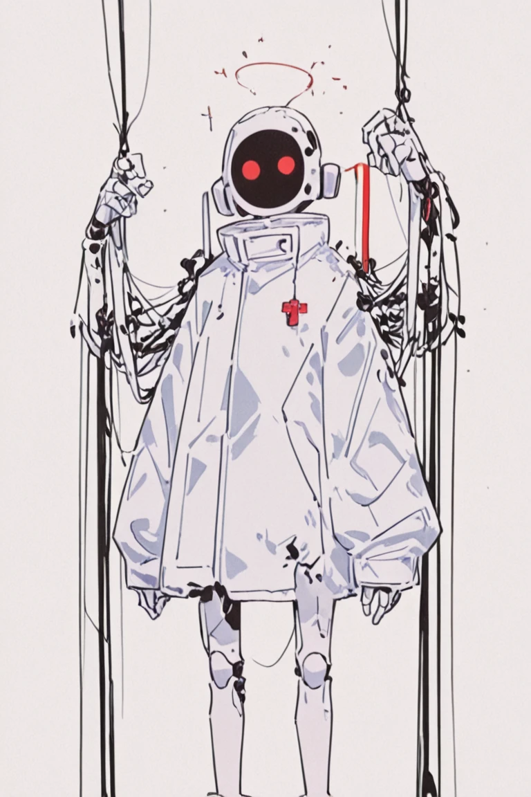 a cartoon drawing of a man with a red scarf and a white coat, white and blood color scheme, full body concept, full body adoptable, character adoptable, in style of cytus and deemo, character design humanoid, [ character design ], bloody + concept art, unrealistic character concept, humanoid form, !anthropomorphic!, full bod
