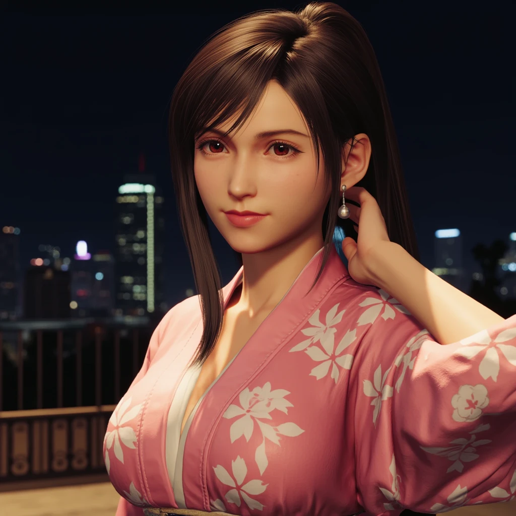 red dress, sleeveless, japanese clothes, ((Mai Shiranui:1.2)), Cyberpunk, bare shoulders, brown hair, brown eyes, long high ponytail, hair tie, makeup, 1 girl, sleeve, 25yo, Japanese mature female, beautiful finger, beautiful long legs, beautiful body, beautiful nose, beautiful character design, perfect eyes, perfect face, jewelry, hands on chest, see-through, looking at viewer, hair ornament,  choker, shy, king of fighters,
(masterpiece, top quality, best quality, official art, beautiful and aesthetic: 1.2), (1 girl), extremely detailed, colorful, more detailed,
(large breasts:1.2,) upper body, bottom, cameltoe, white panties, floating skirt,
Cyberpunk Little Tokyo district, bustling with neon signs, night, Japanese Culture, Japanese Art