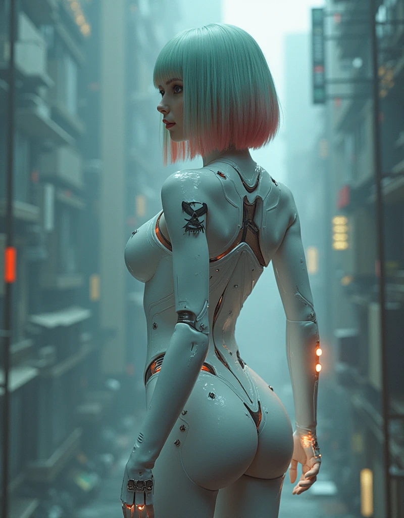 Dystopian, [sci-fi], High Detail RAW color Photo, Full Shot, rear angle, of (cute female arterial intelligence, wearing see-through white chemise), outdoors, standing, on overlook, (looking out at sprawling cyberpunk city skyline), toned physique, large ass, (pale skin), perfect face, seductive look, (cybernetic implants:1.2), (augmentations), (cyborg:1.1), (detailed skin, diffused skin pores), silicone, metal, (highly detailed, fine details, intricate), (lens flare:0.5), (bloom:0.5), smog, dust, (badlands:0.8), (observitory:0.7), raytracing, specular lighting, shallow depth of field, photographed on a Sony Alpha 1, EF 85mm lens, f/2.8, hard focus, smooth, cinematic film still, [Cyberpunk:Orwelian:12]