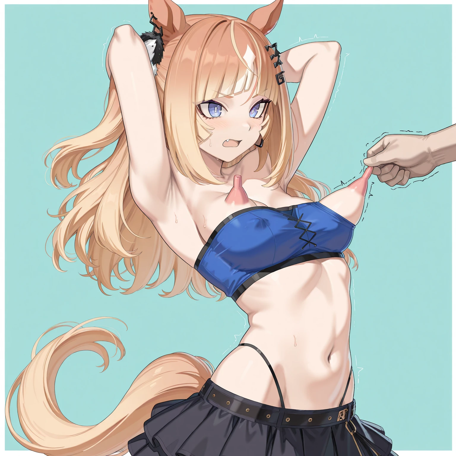 male　One naked man, not muscular　A young man with long, straight blonde hair and fox ears　long blue eyes　Wearing a collar　Big nipples　I&#39;m tied up in the dungeon wall and can&#39;t move.　Many hands are tormenting his penis　Pubic hair with fingers inserted in the crotch or buttocks　Blush embarrassing　I&#39;m worried