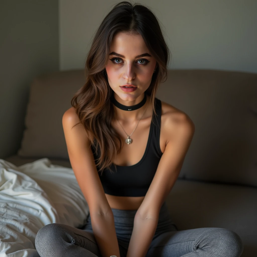 une femmes de 18 ans sexy et mince , black short sleeve hoodie , salle de classe, se touche,position sey,sensuel