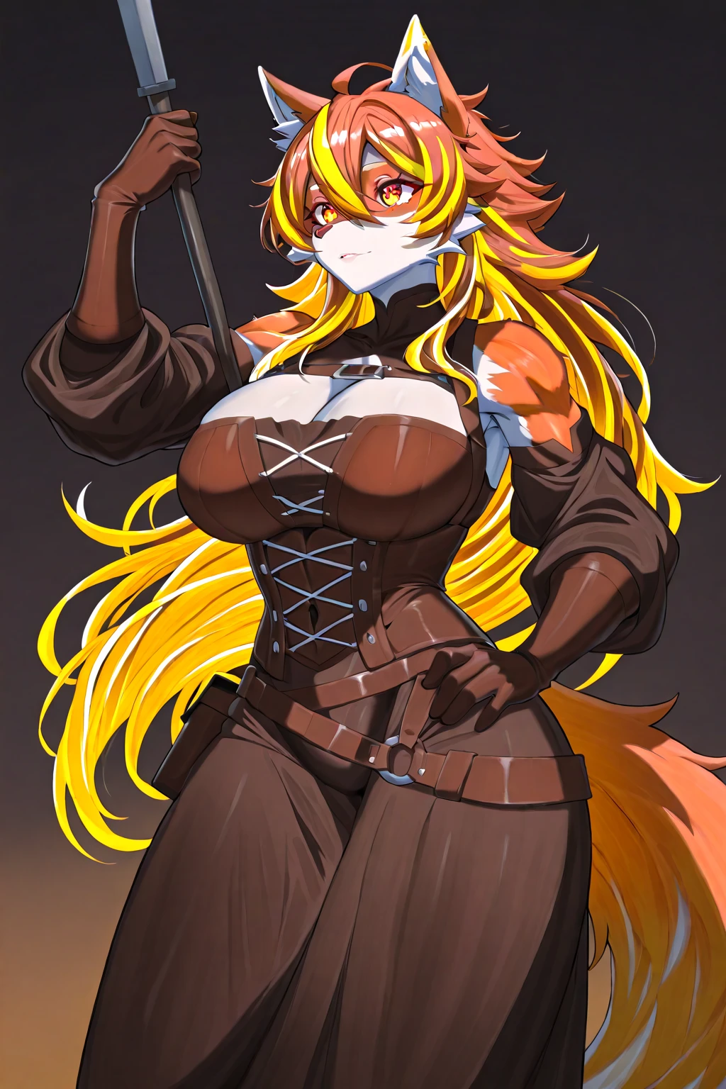 Solo, score_9, score_8_up, score_7_up,  (An Anthro furry yellow wolf girl, golden blonde furry body, tail, red hair, wolf snout, black nose, MaleniaDef, helmet, covered eyes, covered eyes, single mechanical arm, prosthesis), naked, nipples, majestically posing, simple background, 