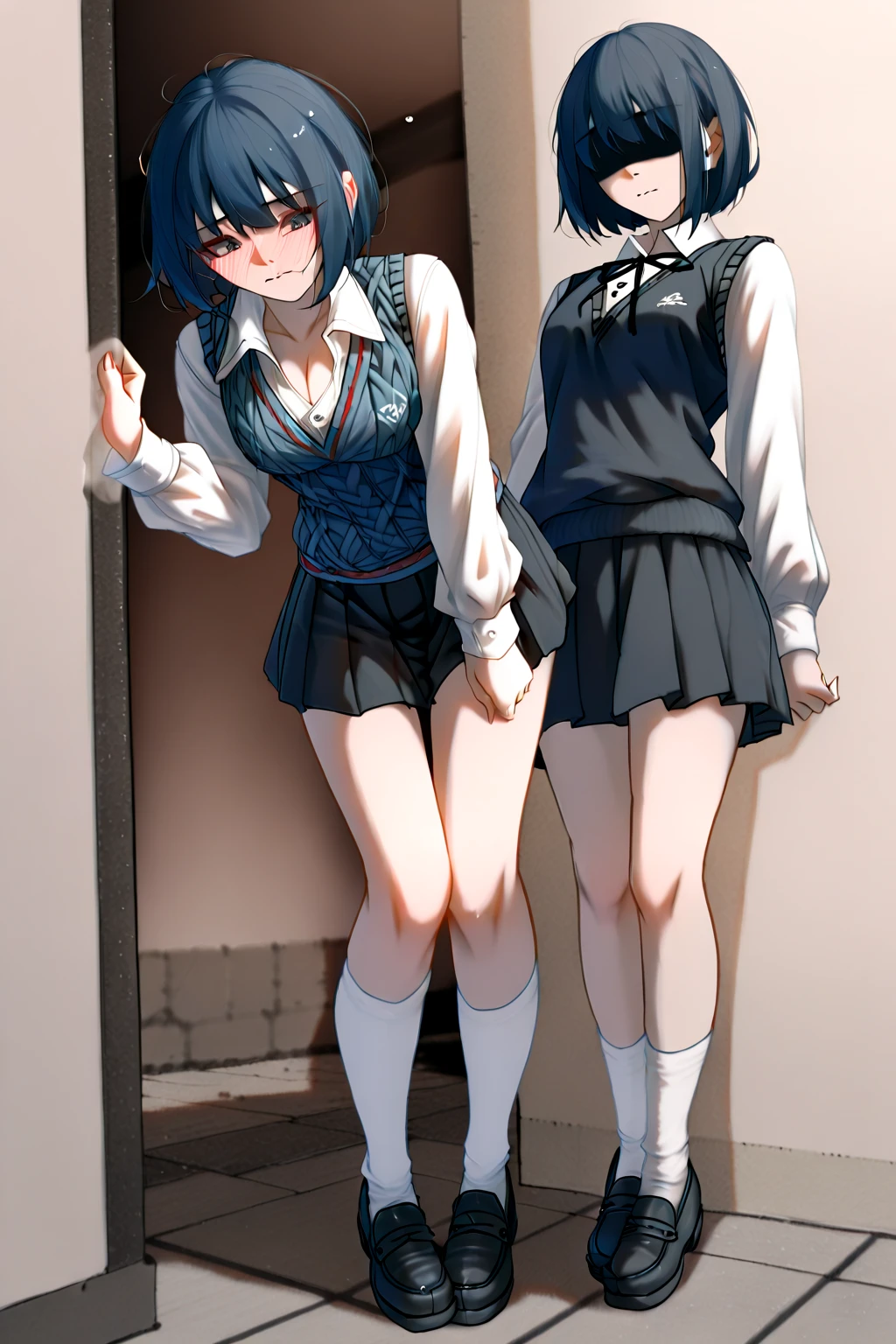 DDLCYURI, HAIR ORNAMENT, HAIRCLIP, LONG HAIR, (BLACK EYES:1.1), BLACK SHORT HAIR, GRIN, SMILE, BLAZER, BLOUSE, BLUE SKIRT, JACKET, BROWN JACKET, MINISKIRT, NECK RIBBON, RIBBON, SCHOOL UNIFORM, SHIRT, SKIRT, WHITE SHIRT, WING COLLAR, CASUAL CLOTHES, GREY SWEATER, MINISKIRT, PANTS, RIBBED SWEATER, SKIRT, SWEATER, TURTLENECK, TURTLENECK SWEATER, black eyes with eyeliner, puffy black hair scene emo, short emo hair, hair ornament, hair clip, medium boobs, school uniform, jacket, short hair, pleated skirt, skirt, blue skirt, ((blush)), indoors, in a classroom, necklace cross, earrings, emo, scene, fashioncore, black stockings, emo hair, gothic, lip piercing, nasal septum, emo, visual kei, puffy hair, Dark, EMO ACCESSORIES, Emo Haircuts