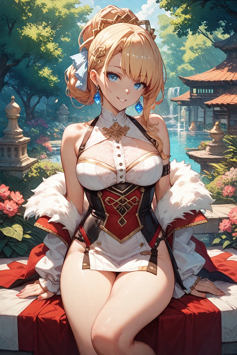(masterpiece, best quality), female teenager, voluptuous, southeast asian, light brown eyes, asymmetrical ears, long face shape, , brown top knot hair, disgust wearing triangle bra, corset top, , sitting pose with legs spread, sitting with legs slightly spread, showcasing confidence and allure, warm lighting, soft golden or amber hues creating a cozy and inviting atmosphere, a sunny garden party, with friends enjoying refreshments and engaging in lively discussions