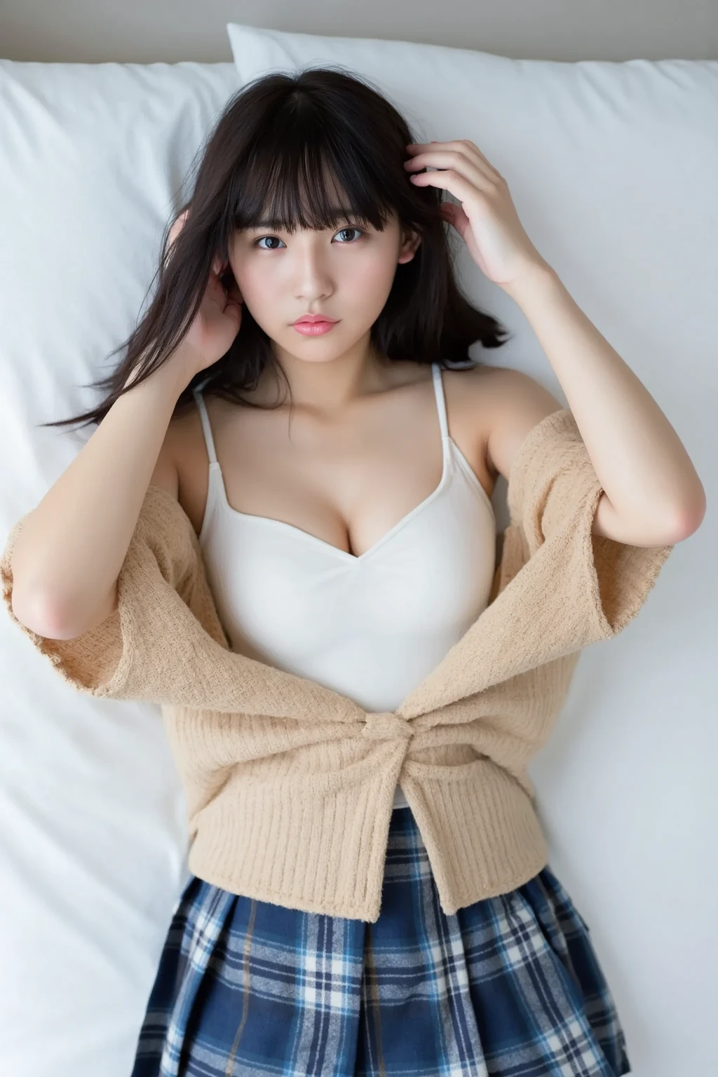 Super detailed、1 girl、realistic skin texture、Long hair up to the waist、smile、stare、 (erotic 21 year old girl、small face、Extremely beautiful face, natural makeup)(fair skin)(sparkling eyes)beautiful armpits、round beautiful breasts、beautiful cleavage、thin waist、constriction、big ass、thin knit off shoulder、I can see your belly button、Extremely thin knitted miniskirt、Movie Writing、(((Full body shot from above)))Exciting and sensual、inviting pose、Bedroom、Bed、legs spread、Angle up to the knees((((sleep:1))))