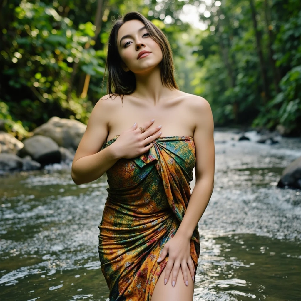 1girl in, 30 years old, Square face, Long hair, Looking at viewer, jewelry, Reality, Sexy, Nightgown colorful outfit, Waterfall backdrop , free pose