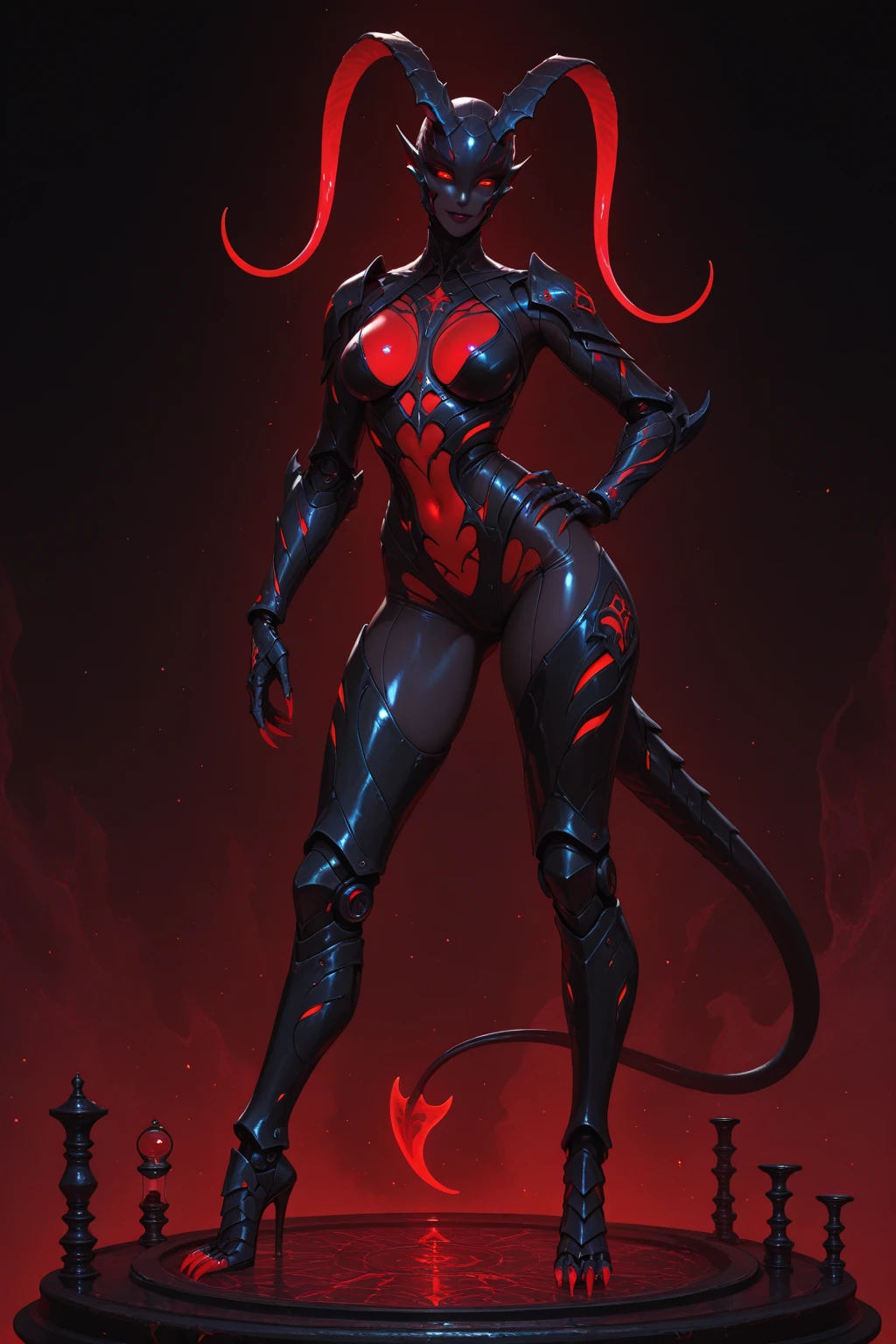 Tall, Red Skin Twi'lek with (naked, large breasts), large breasts, tall, graceful, (tall), slim hips, small waist, arched back, looking over her shoulder, back view, lithe, sinuous, sexy, backboob, sideboob