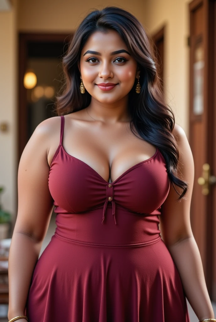1girl, photorealistic, realistic, Latina woman, thick lips, mature, 25 years old, Latina, crimpy hair, brown skin, Latina nose, Latina eyes, Latina body, cleavage, ((background: Clothing Boutique)), wearing simple printed MAXI dress, outdoor, ((wide shot)), ponytail, smiling