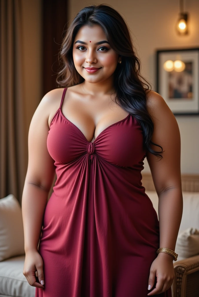 Sexy Indian woman , Bikinx Chain Cutout Front Bodycon Dress, dark red color, sexy figure, busty, lusty, seductive, fat, plus size, chubby, chubby belly, fat figure, eye makeup heavy, indoor