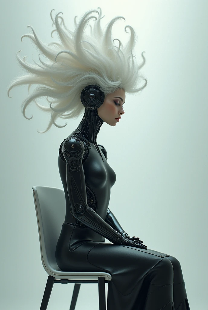 A woman with long white hair,wearing a yellow bodysuit,a yellow transparent jacket,a yellow leather mini skirt and a futuristic boot that looks like something with a robot with a heel,she will be sitting on a giant silver brain floating in the air, the yellow and black background mixing and she will wear very futuristic accessories,I want her sexy but futuristic clothing style,wearing a futuristic mask on his face