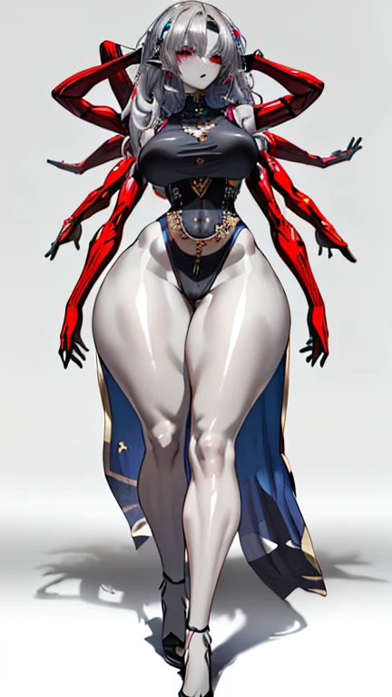 (Masterpiece:1.2), (Very detailed:1.2), (Beautiful:1.2), (gigantic breasts:1.4), (Aletta ocean face), (black horns on head: 1.6),((masterpiece)), highly detailed, perfect, black and gold leotard, skindentation, ((4 arms:1.3)), (gray skin:1.1), (black gauntlets), (white lipstick:1.4), neutral expression, 