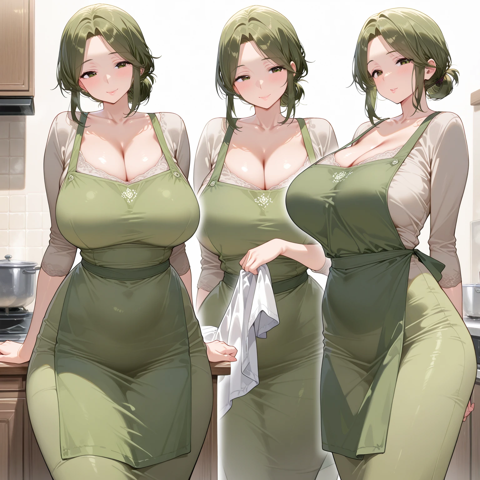 2heads, a very tall skinny woman with 2 heads. Working behind the counter at the register at a coffee shop. Wearing green apron with store logo, wearing worker uniform. Cleavage. Mature, milf. Messy long white hair. Thin face, cute face. Smiling. Blushing. Thick eyeliner. Eyeshadow. Baggy eyes. Extremely tall. Freckles, many freckles. Covered in freckles. Big saggy breasts covered in freckles.