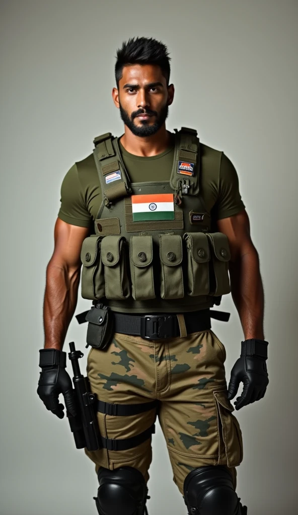 25 years old indian gurjar hunk in navy security guard uniform with batches on shirt and huge bulge, head to thighs