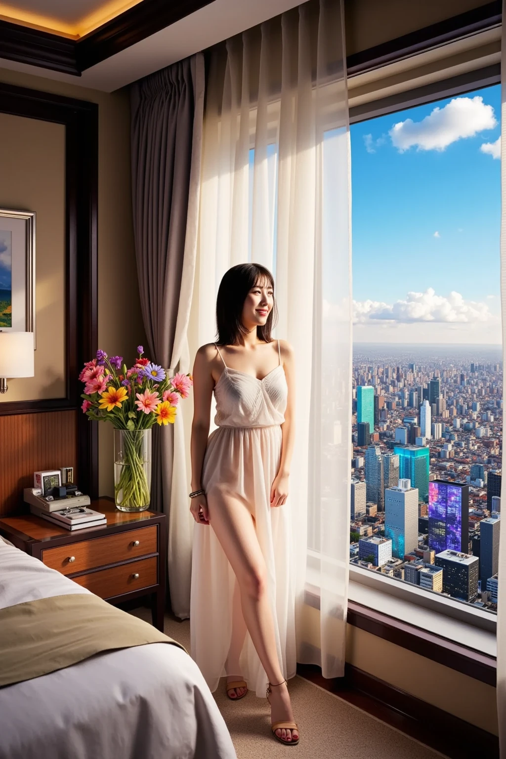 NSFW, (girl), ((highest quality)), ((8K)), ((masterpiece:1.3)), ((become familiar with)), ((one japanese woman)), (Dark interior lighting), (Top floor suite of luxury hotel), (You can see the distant night view from the large windows..), (beautiful night view:1.2), (Female 46 years old), (table top), (Standing and leaning forward from the waist up.), (Rear view:1.6), (Feet are shoulder width apart), (Dressed on all fours), (Extend the elbows of both arms and stick them out in front of your body), (put your hand on the bedside table:1.4), It's facing towards you as if looking into your face..), smile wrinkles on face, wrinkles around the eyes, double eyelid, Tear bags under the eyes, long hair, 肩に垂れ下がったウェーブの掛かったlong hair, (A dress with a loose fit around the chest.), (halter neck), (long red dress with wide open back), (Side slit W long dress), small breasts, small breasts, (side boob:1.2), (ユッタリしたドレスからside boobが見る), Rear view, focus on upper body, (well-shaped butt), (the buttocks are covered by the dress),