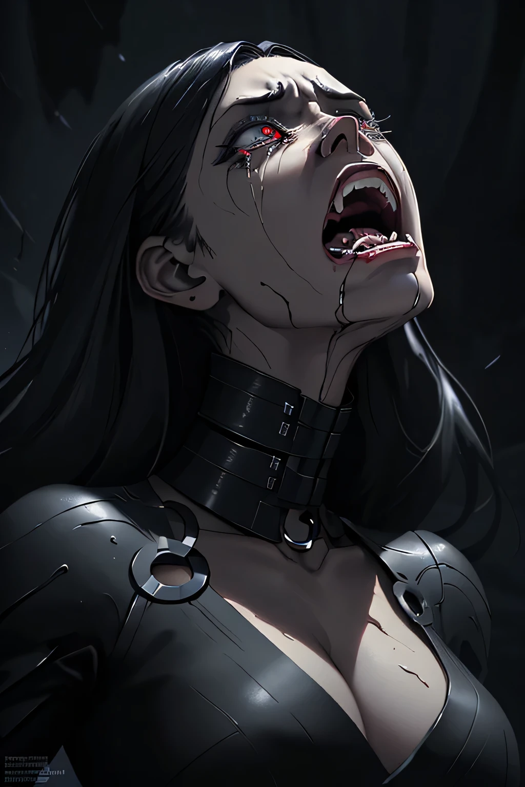 There is a woman in a black top and a black collar, digital art 4k unsettling, stunning digital illustration, emotional concept art, screaming. Not real, Terrifying digital art, 4k detailed digital art, 4K Digital Imaging, digital anime art, Beautiful crying! android woman, inspired by Aleksi Briclot, anger. hyper detailed, screaming in agony
