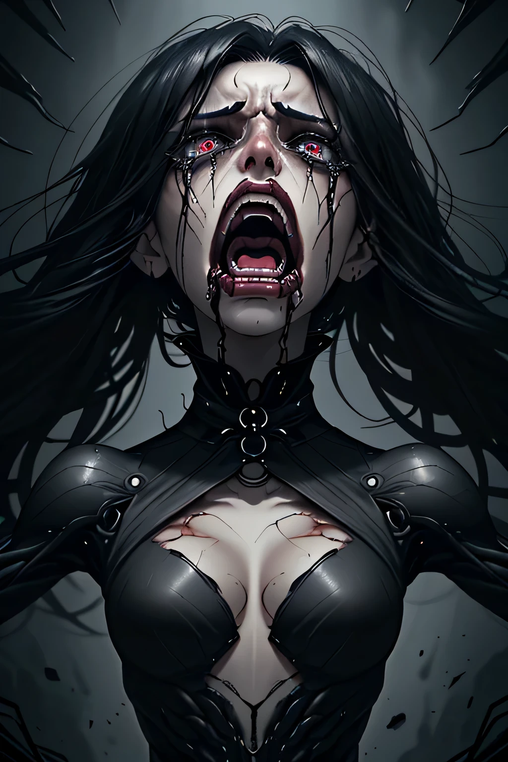 There is a woman in a black top and a black collar, digital art 4k unsettling, stunning digital illustration, emotional concept art, screaming. Not real, Terrifying digital art, 4k detailed digital art, 4K Digital Imaging, digital anime art, Beautiful crying! android woman, inspired by Aleksi Briclot, anger. hyper detailed, screaming in agony