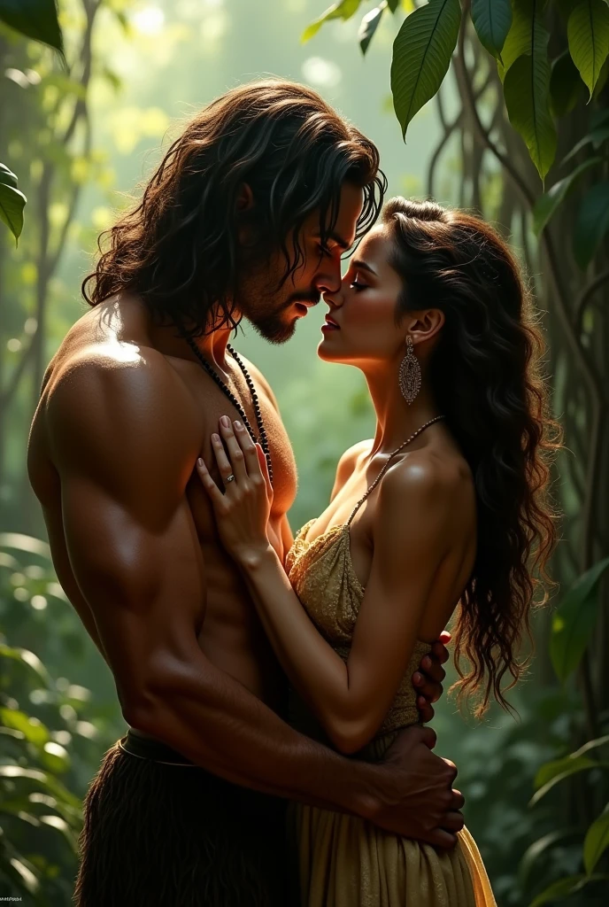 (photorealism:1.2), beautiful woman, amazon, looking at the camera sensually, sucking a man&#39;s penis, in a jungle,