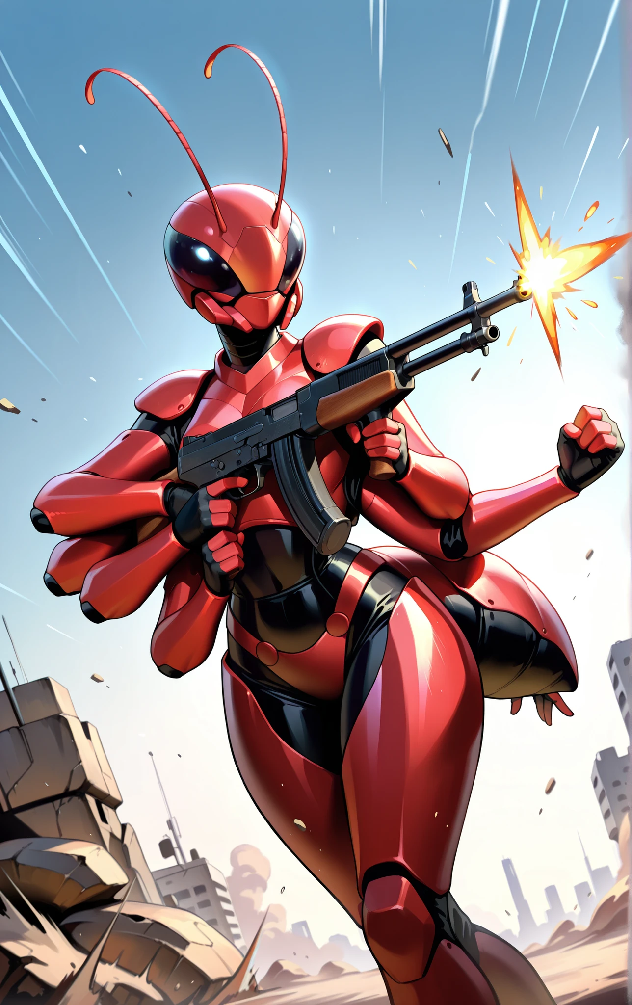 score_9, score_8_up, score_7_up, score_6_up, masterpiece, highest resolution, absurdres, extremely detailed, best composition, 1 ant girl, adult girl, anthropomorphic ant girl, slightly humanoid face, antennae, multiple arms, wearing a bikini armor, in a warfare, war, many anthropomorphic insectoids fighting in the background, dynamic pose, dynamic angle, angled shot, firing an AK-47, firing a shotgun, firing a desert eagle