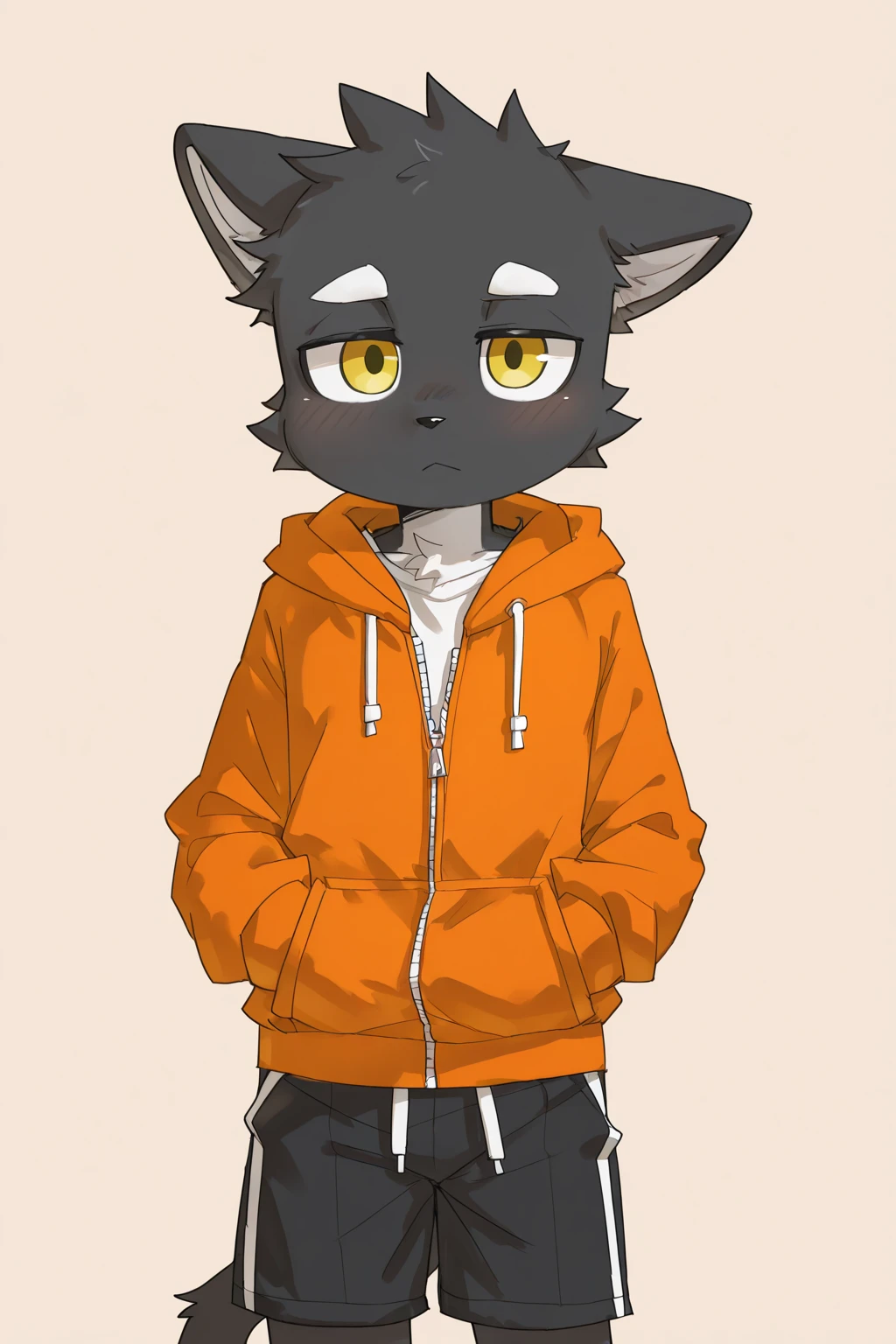 femboy, Beecat, digitigrade legs, messy hair, (wearing an orange crop top hoodie), sitting on knees, (orange and white stripe background), solo focus, sensual pose, covering crotch