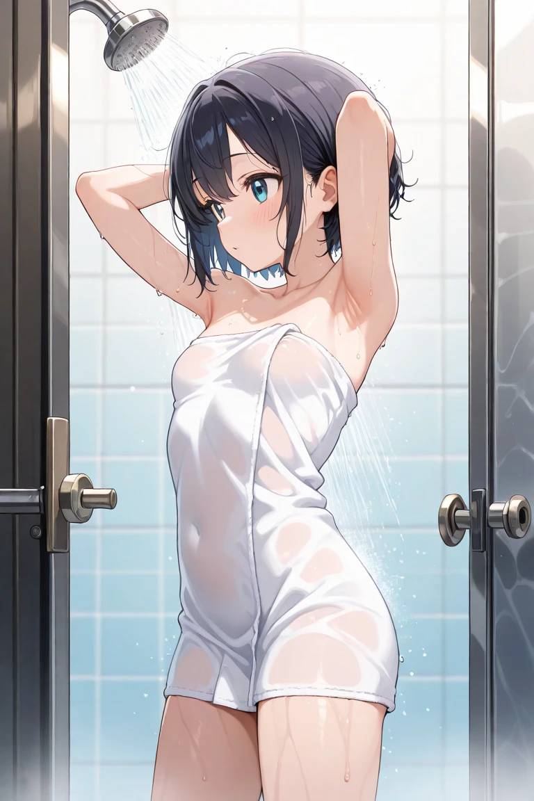 Sexy girl in the shower naked bathing and doing very sexy poses short black hair and blue eyes and being shy 